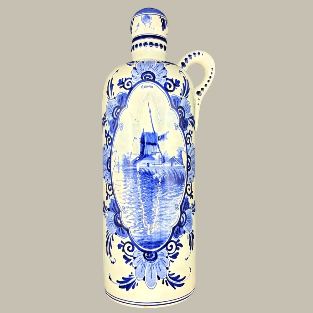 Regina Holland Delfts Blauw Hand Painted Windmill Ceramic Decanter Bottle Dutch